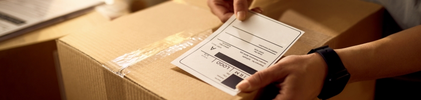 Utskrift och applicering av fraktetikett på kartong